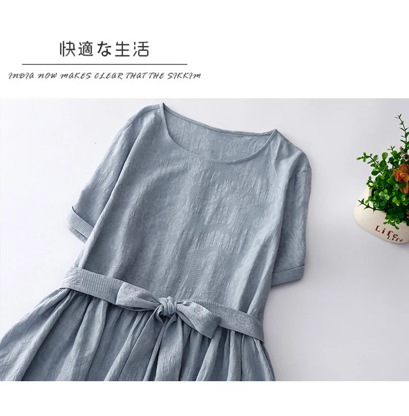 Japanese Style Loose Cotton Linen Dress – Women’s Vintage A-Line Over-Knee Long Dress with Round Neck