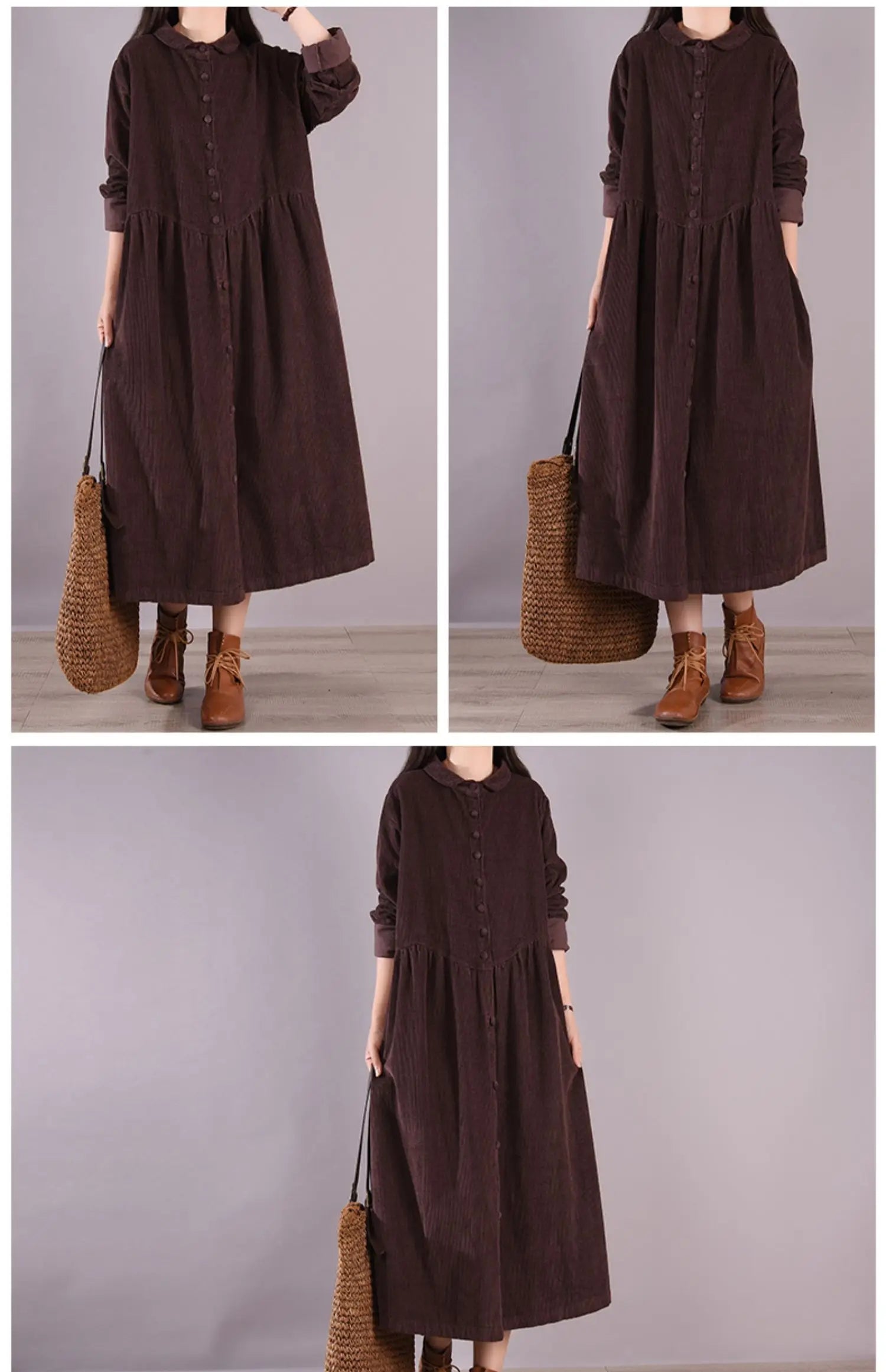 Retro Japanese Style Long Sleeve Corduroy Dress – Thick Fleece-Lined A-Line Winter Dress for Women | Solid Color