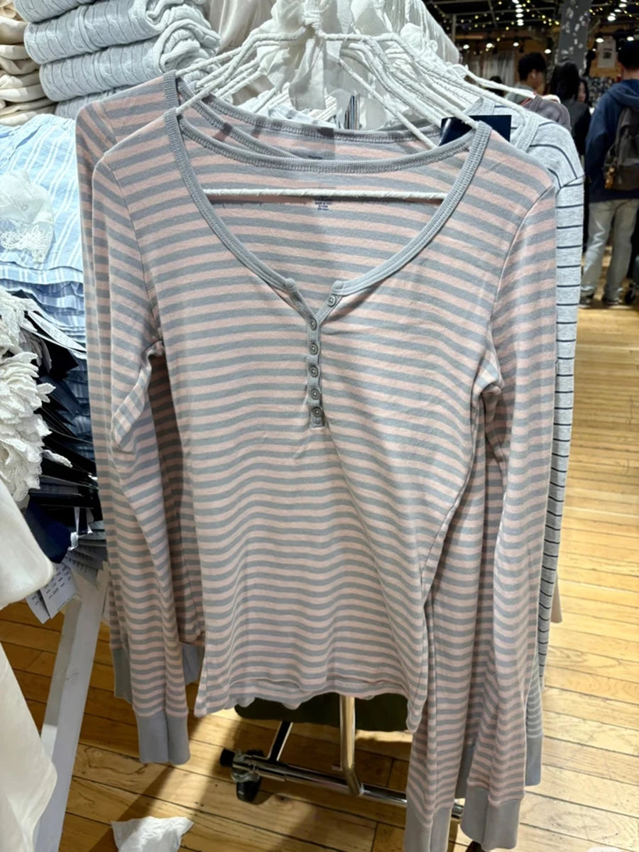 Women’s Pink Striped Slim Long Sleeve Tee | Casual Cotton O-Neck T-Shirt | Sweet Vintage Y2K Top