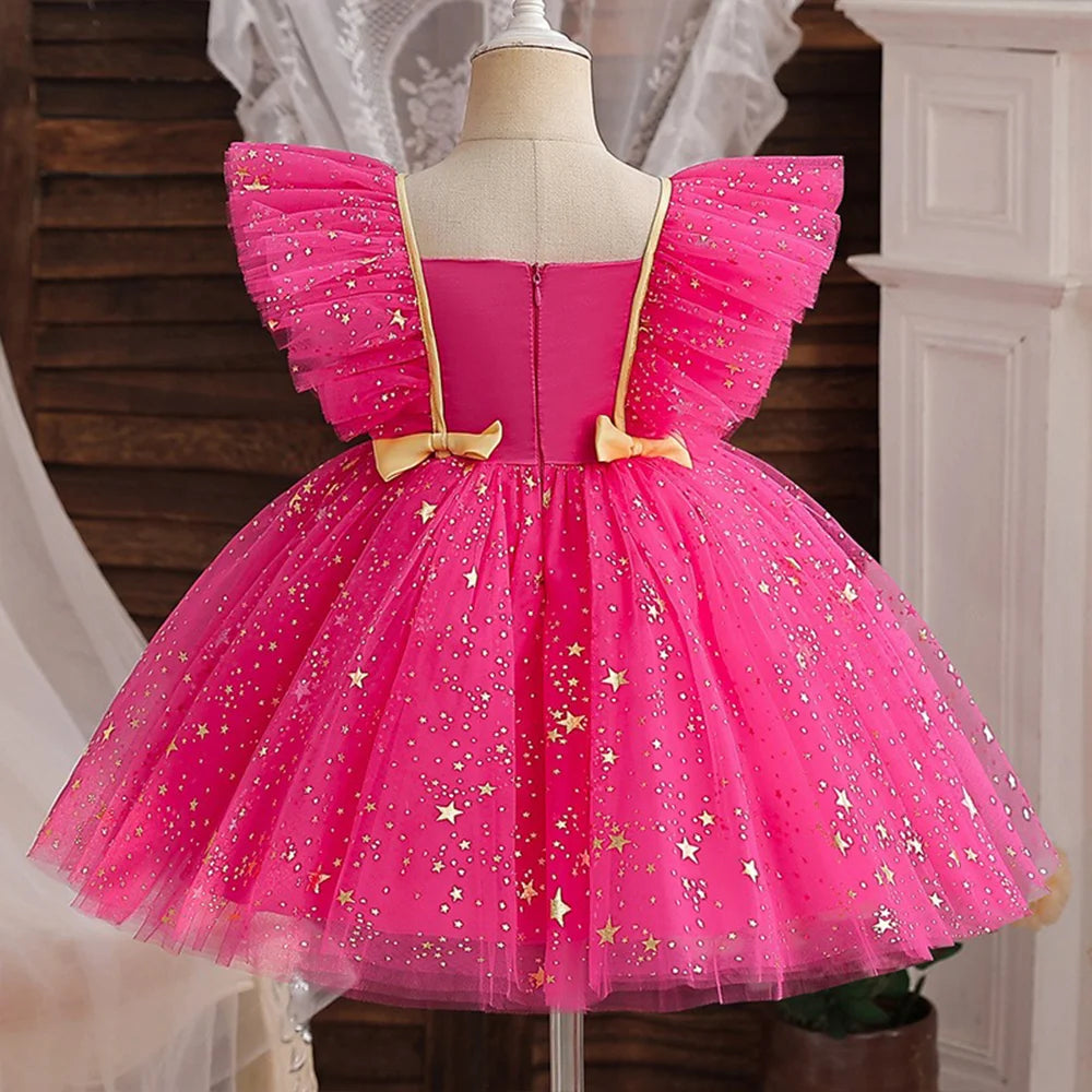 ✨ Hello Kitty Princess Dress for Girls 👑 Sequined Star Tutu Gown 🎀 Ruffle Bow Kids Party & Prom Dress