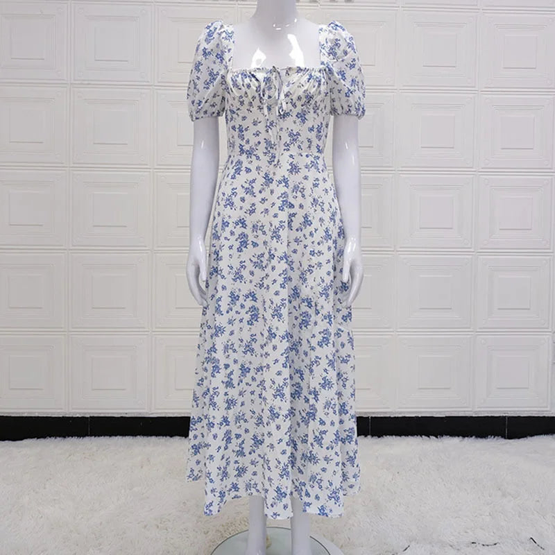 Y2K Vintage Blue Floral Dress – Women’s Elegant Summer Party Puff Sleeve Split Long Dress | Sexy Aesthetic 2024