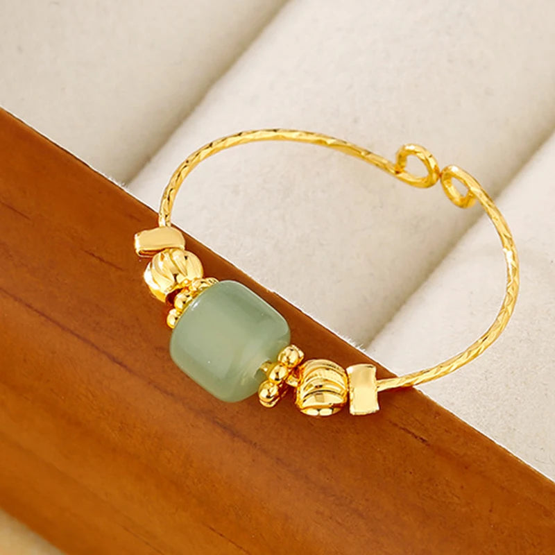 PANJBJ 925 Sterling Silver Hotan Jade Geometric Adjustable Ring | Retro Delicate Jewelry Gift for Women