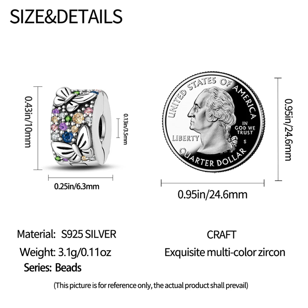925 Sterling Silver Pave Clip Charms with Safety Chain | Colored Beads Stopper Clasp Fit Original Pandora Bracelet Jewelry