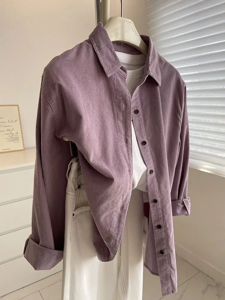 2025 Women’s Corduroy Purple Lotus Shirt | Loose Long Sleeve Casual Outerwear Top for Autumn