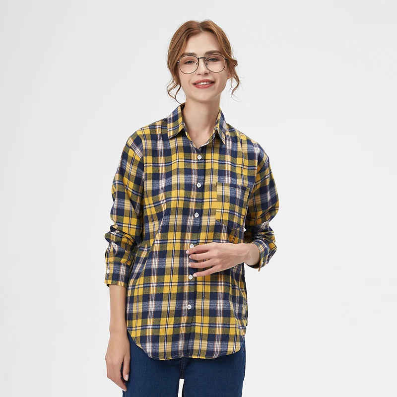 Fresh Flannel Plaid Shirt for Women | 2025 Loose Cotton Long Sleeve Casual Blouse & Top