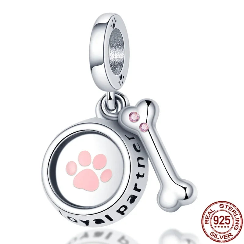 925 Sterling Silver Pink Cat & Dog Paw Charm Bead | Animal Claw Bone Beads for 925 Bracelet DIY Jewelry Gift