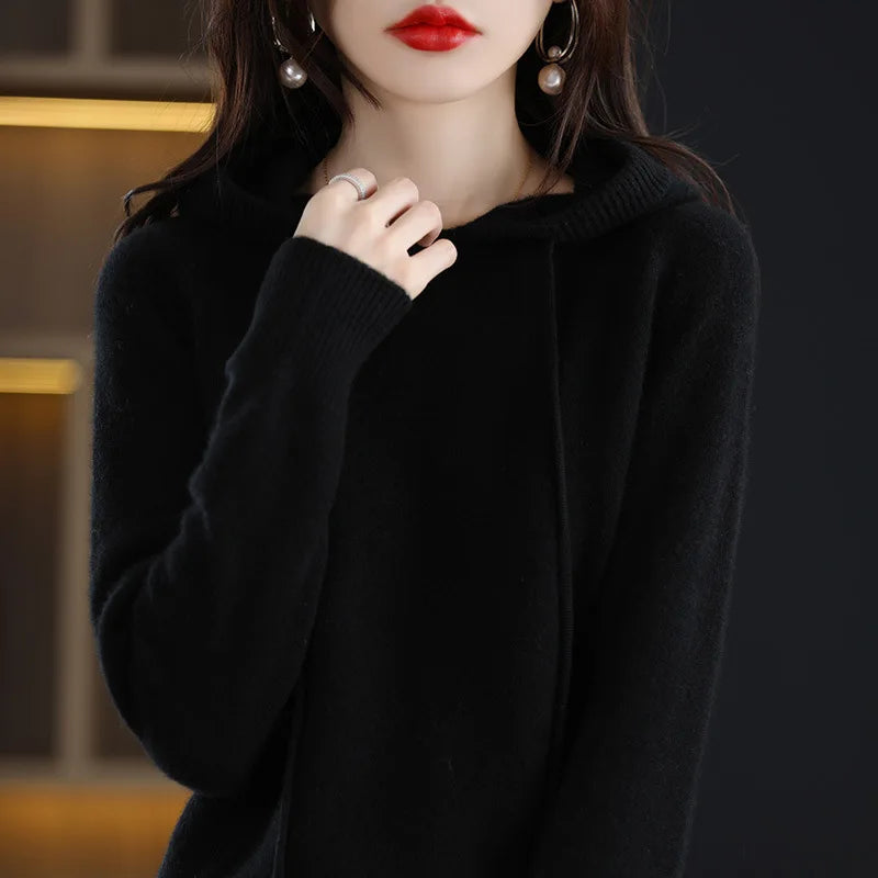 Women Pullover Sweater Hooded Jumper – Korean Loose Fit Solid Long Sleeve Thick Warm Knitted Sweater Autumn Winter