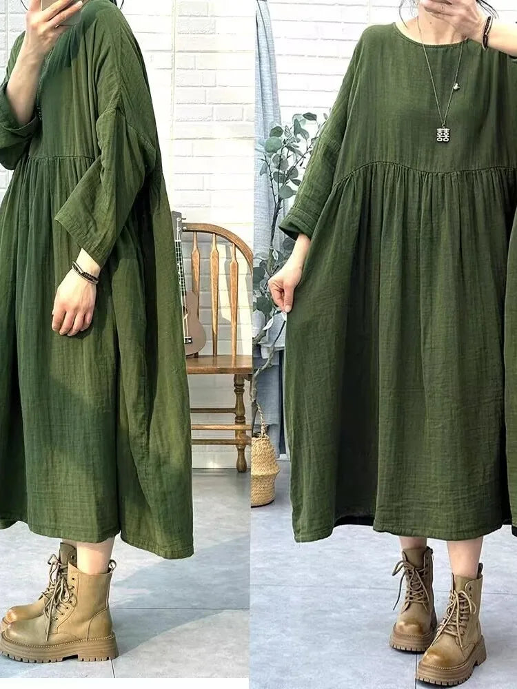 Retro Red Long Dress for Women | Loose High Waist Vintage Doll Style Skirt | Autumn Spring Casual Fashion Dress