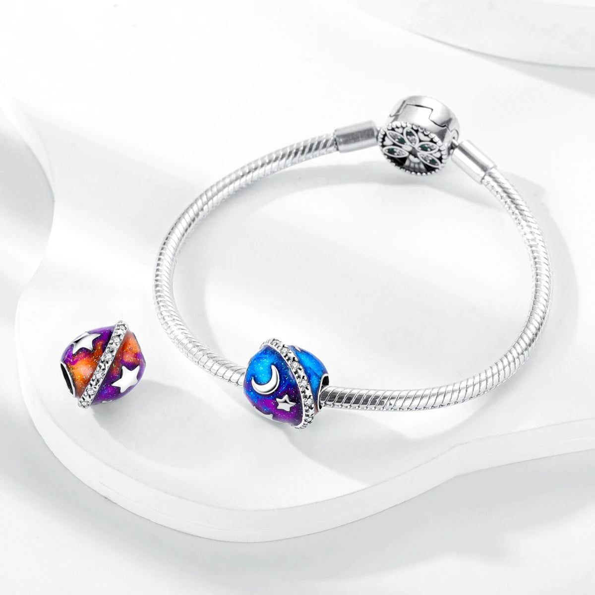 Silver Plated Colorful Glowing Moon & Stars Rainbow Dangle Charms | Fit Original Bracelet & Necklace | Women’s Jewelry Beads