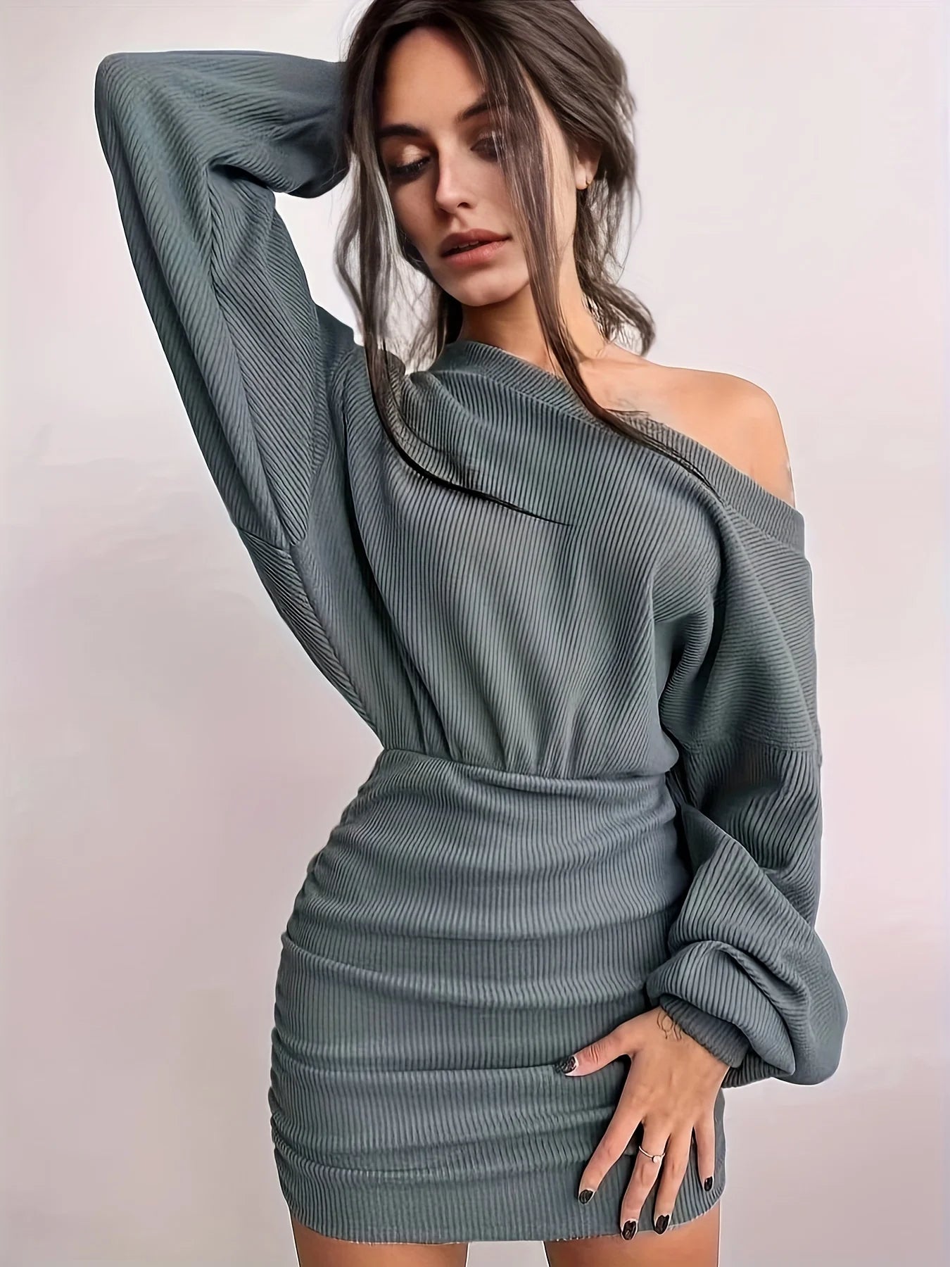 Ruched Bodycon Mini Dress for Women | Sexy V-Neck Long Sleeve Bag Hip Dress | Elegant Party & Night Out Outfit