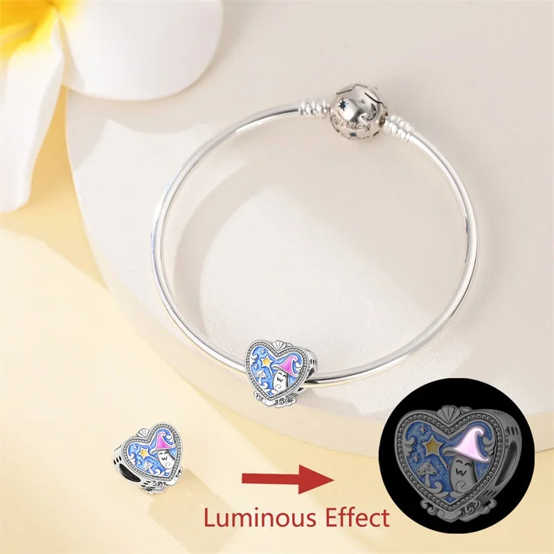 Original 925 Sterling Silver Luminous Lantern & Magic Cat Charm Bead | Glowing Angel Jungle Pendant for Bracelet Jewelry