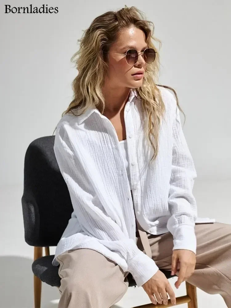 Bornladies 2025 Women’s Cotton Shirt – Solid Long Sleeve Loose Office Top 👚☀️