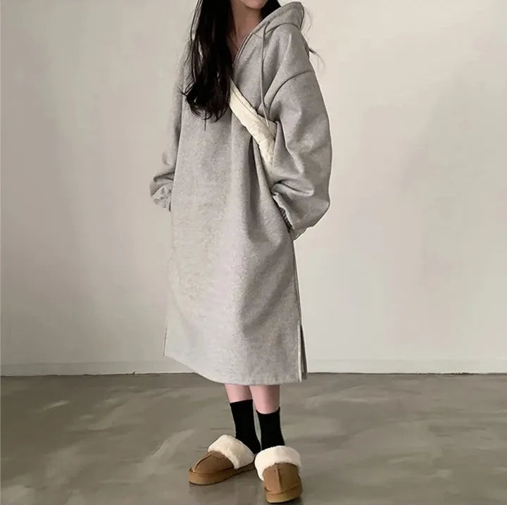 Chic Winter College Long Hoodie Dress ❄️ Lazy Fleece A-Line Side Slit Dress 👗 Pure Color Polyester Fiber 🧵