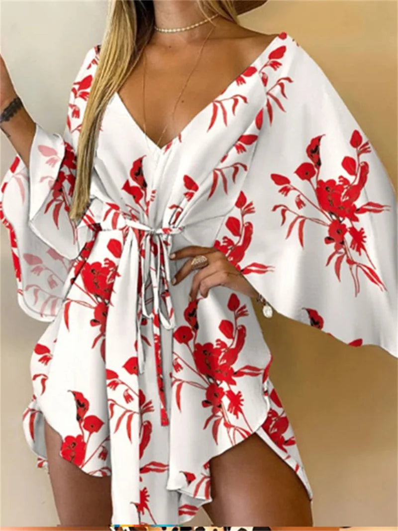 Women’s Floral Print V-Neck Bat Sleeve Dress – Sexy Bohemian Loose Mini Sundress
