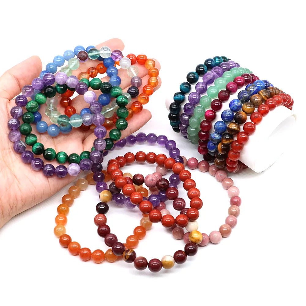 Natural Stone Healing Crystal Bracelet | Amethyst, Quartz & Agate Round Beads Elastic Stretch Bangle for Women & Men