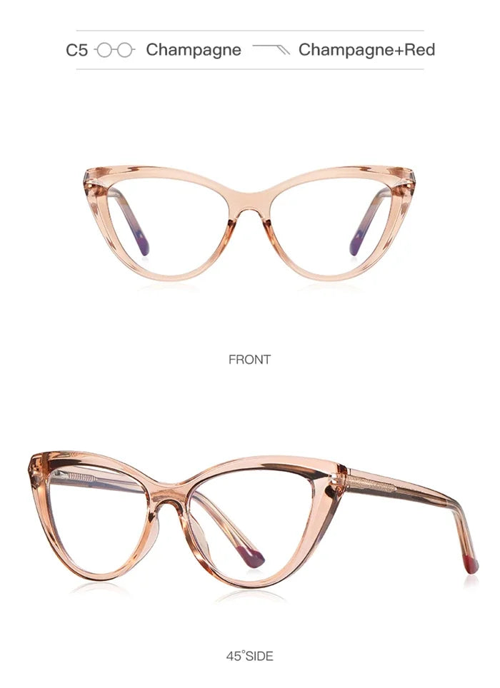 Blue Light Blocking Nearsighted Glasses – Cat Eye Spring Leg Prescription Spectacles for Women (-0.5 to -6.0)