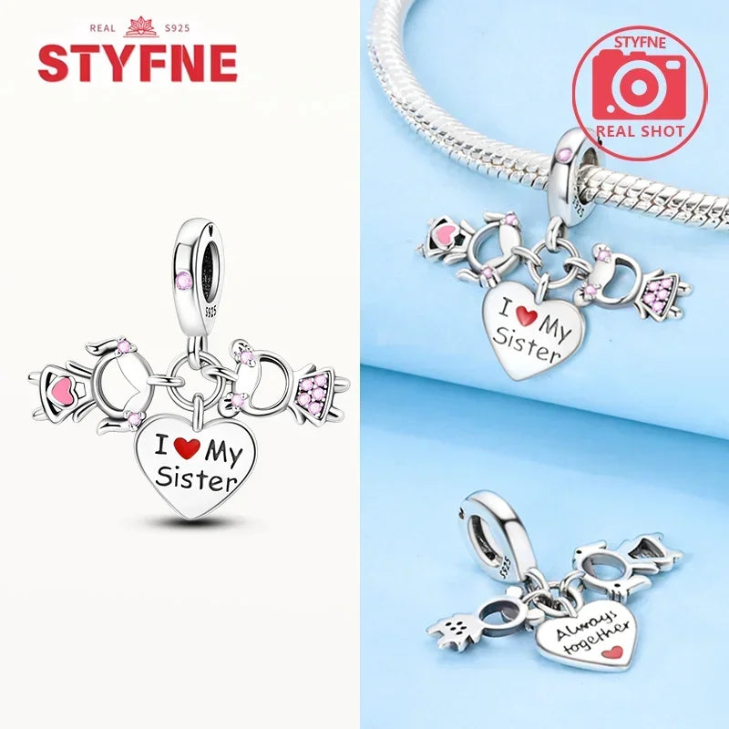 S925 Silver Forever Love Family Sister Heart Charm – Fit Original Bracelet DIY Jewelry Gift for Women & Friends