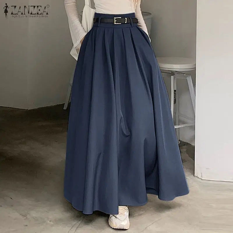 ZANZEA Women High Waist Pleated Swing Skirt – Vintage Korean Style Long Solid Skirt for Spring 2024