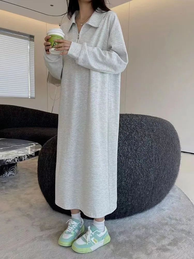 Plus Size Autumn Loose Zip-Up Long Sleeve Sweatshirt Dress – Lazy Fit Over Knee Slimming Dress, Tummy Concealing 300g