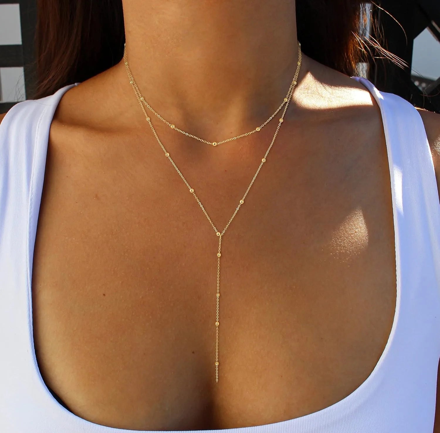 14K Gold Plated Y-Shaped Layered Pendant Necklace for Women Beaded Chain Jewelry Gift