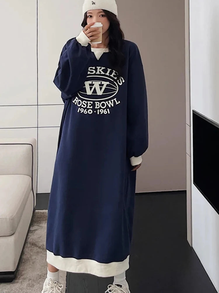 Plus Size Korean Style Loose Casual Sweatshirt Dress – A-Line Skirt, Long Sleeve Mid-Length | Weight Loss Friendly