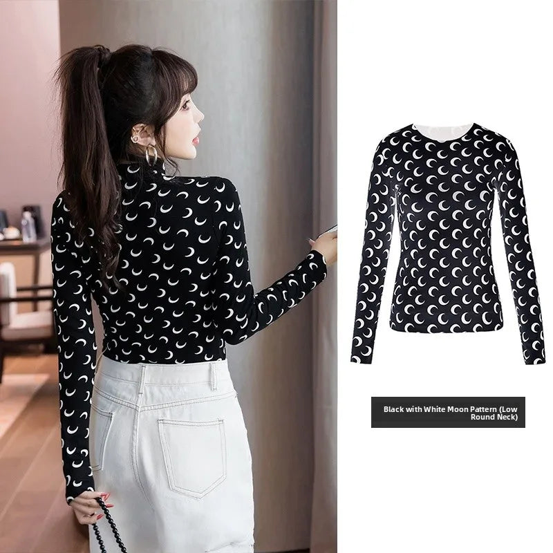 American Retro Women’s Two-Piece Set – Ice Silk Top & Pants with Moon Print Long Sleeve 🌙✨