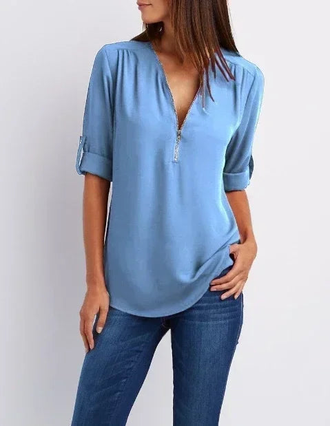 Summer Women’s Chiffon Blouse | Deep V-Neck Zipper Tops | Casual Loose Long Sleeve Plus Size Shirt
