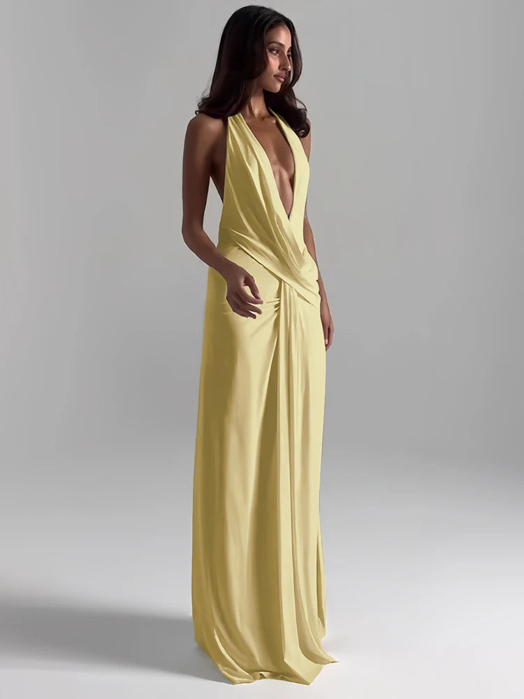 Cutenew Party Women’s Maxi Dress – Solid Halter Cross Backless V-Neck High Split Bodycon Vestido Mujer