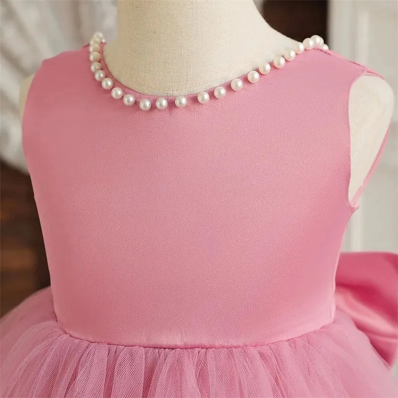 Hello Kitty Kids Pearls Elegant Princess Dress for Girls Backless Bow Baby 1st Birthday Baptism Tutu Gown Wedding Dress