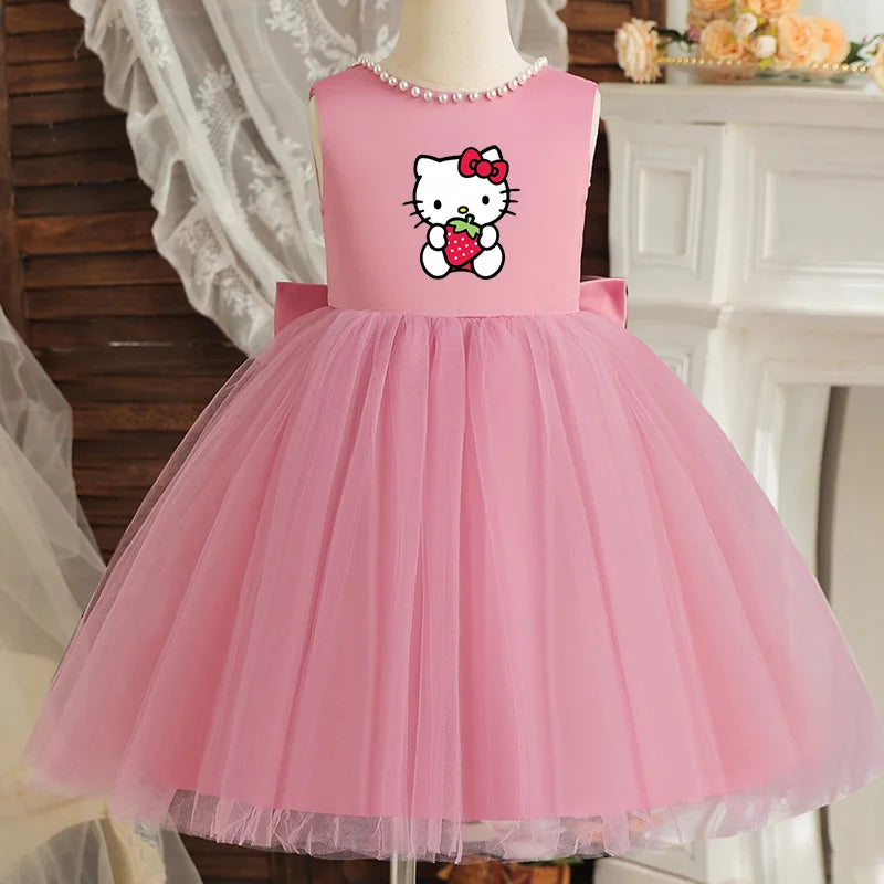 Hello Kitty Kids Pearls Elegant Princess Dress for Girls Backless Bow Baby 1st Birthday Baptism Tutu Gown Wedding Dress