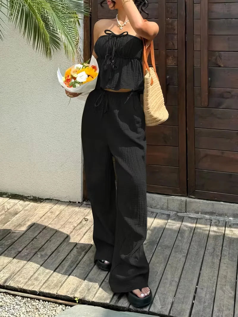 Women’s 2-Piece Casual Lace-Up Set – Top & Pants Outfit 👚👖✨