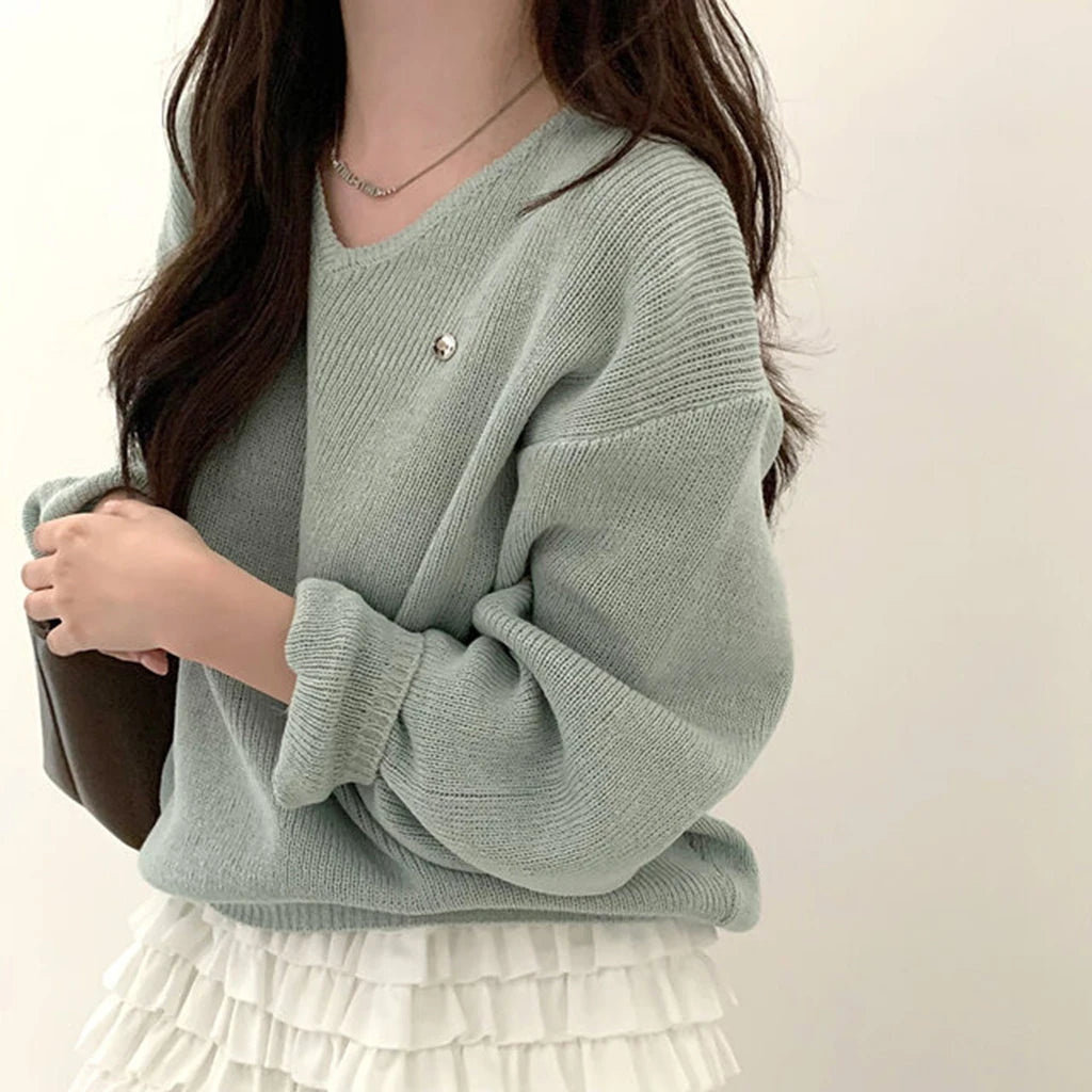 Loose Women’s Knitwear V-Neck Long Sleeve T-Shirt – Casual Comfortable Fashionable Autumn Top New Arrival