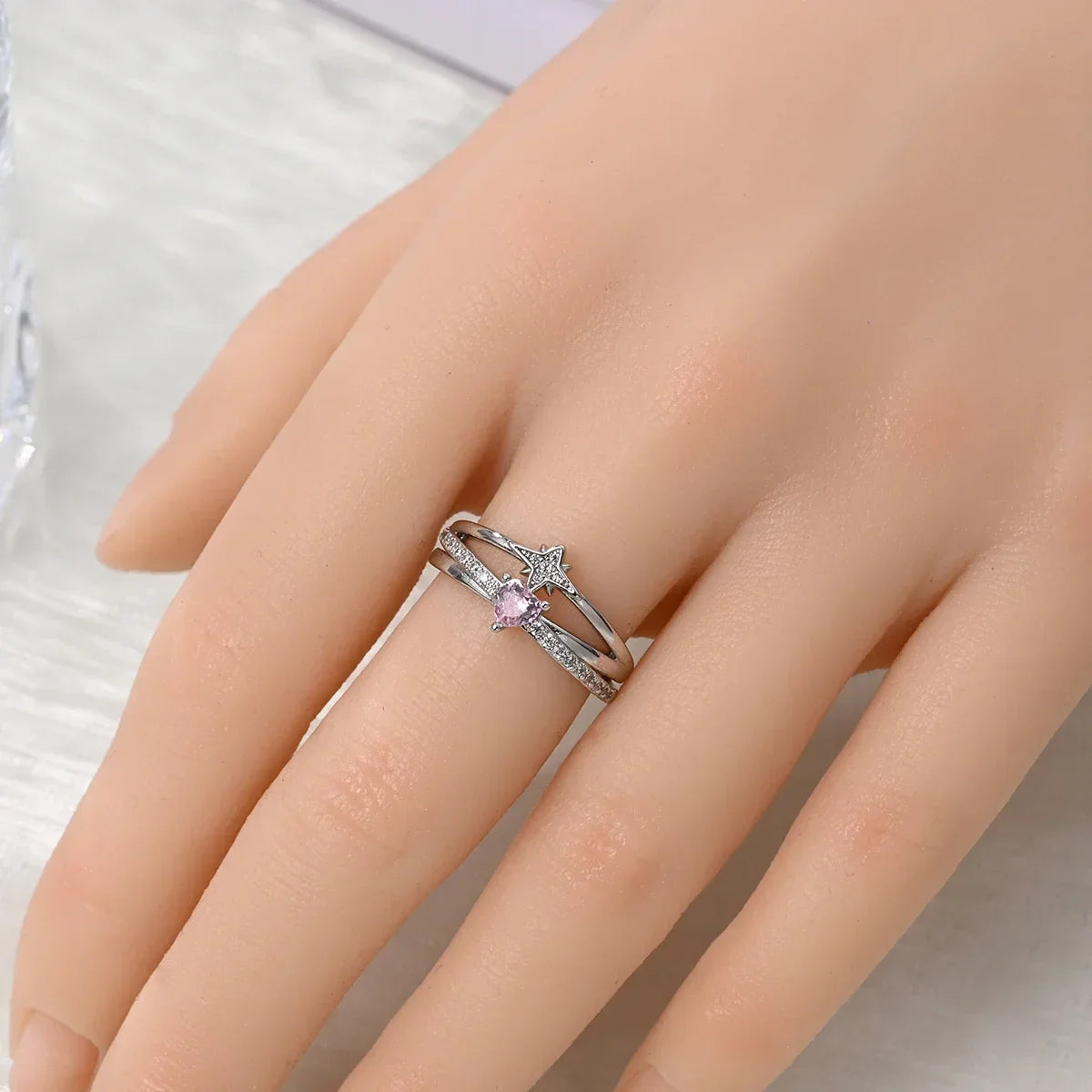 925 Sterling Silver Double Heart, Bow & Starfish Crown Rings | Women’s Moon Ring Fine Jewelry Wedding & Valentine Gift