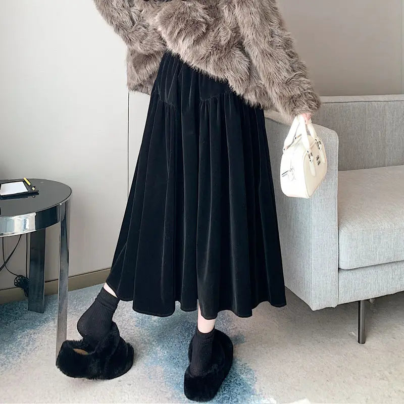 Plus Size Black Velvet Midi Skirt – High Waist A-Line Autumn Winter Mid-Length Skirt for Women