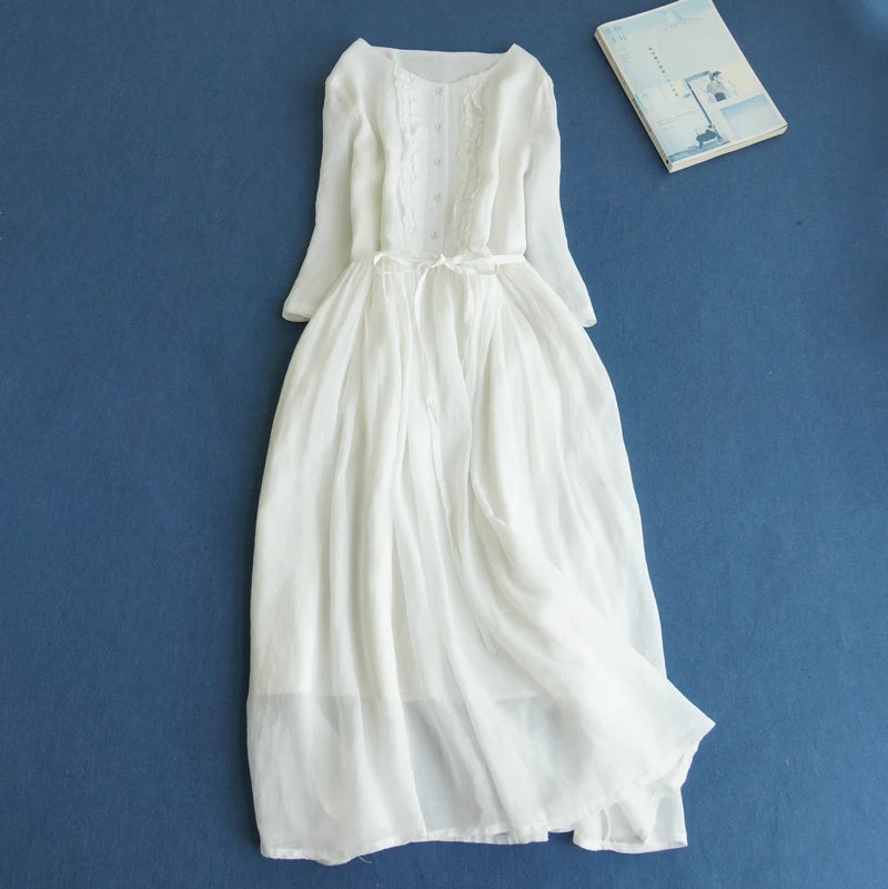 Japanese Style Women’s Long Sleeve Cotton Linen Dress | Wooden Ear Design Loose A-Line Skirt with Waist Belt