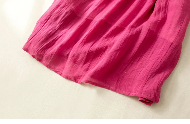 Women’s Summer Lightweight Cotton Dress – Long Sleeve Loose Waist A-Line Retro Dress with Belted Splice