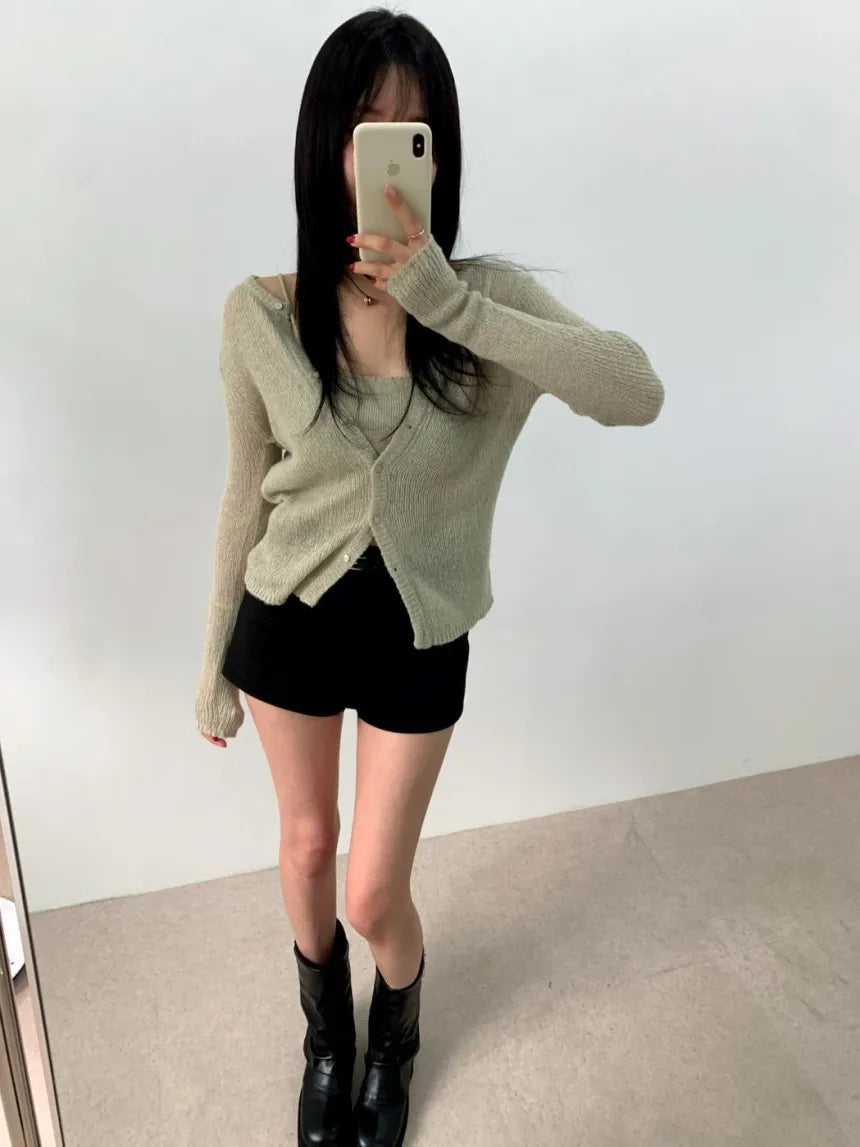 Simple round Ne Button up Knit Sweater Strap Set Casual Sle Polyester Fiber Open Cardigan for Women Autumn Winter ential