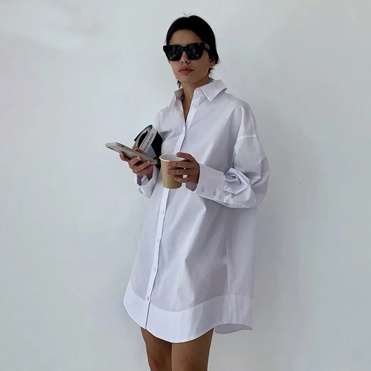 Zadily Autumn 2025 Women’s Oversized White Long Shirt – Minimalist Patchwork Button-Up Work Blouse
