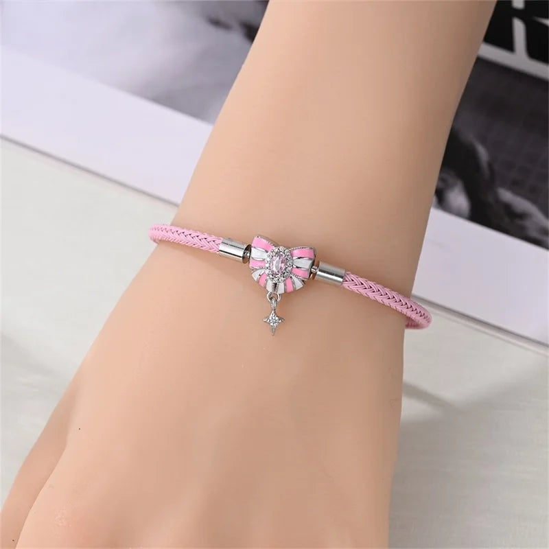 925 Sterling Silver Rainbow Leather Braided Bracelet | Eternal Love Stars & Moon Charm – DIY Women’s Beaded Jewelry Gift