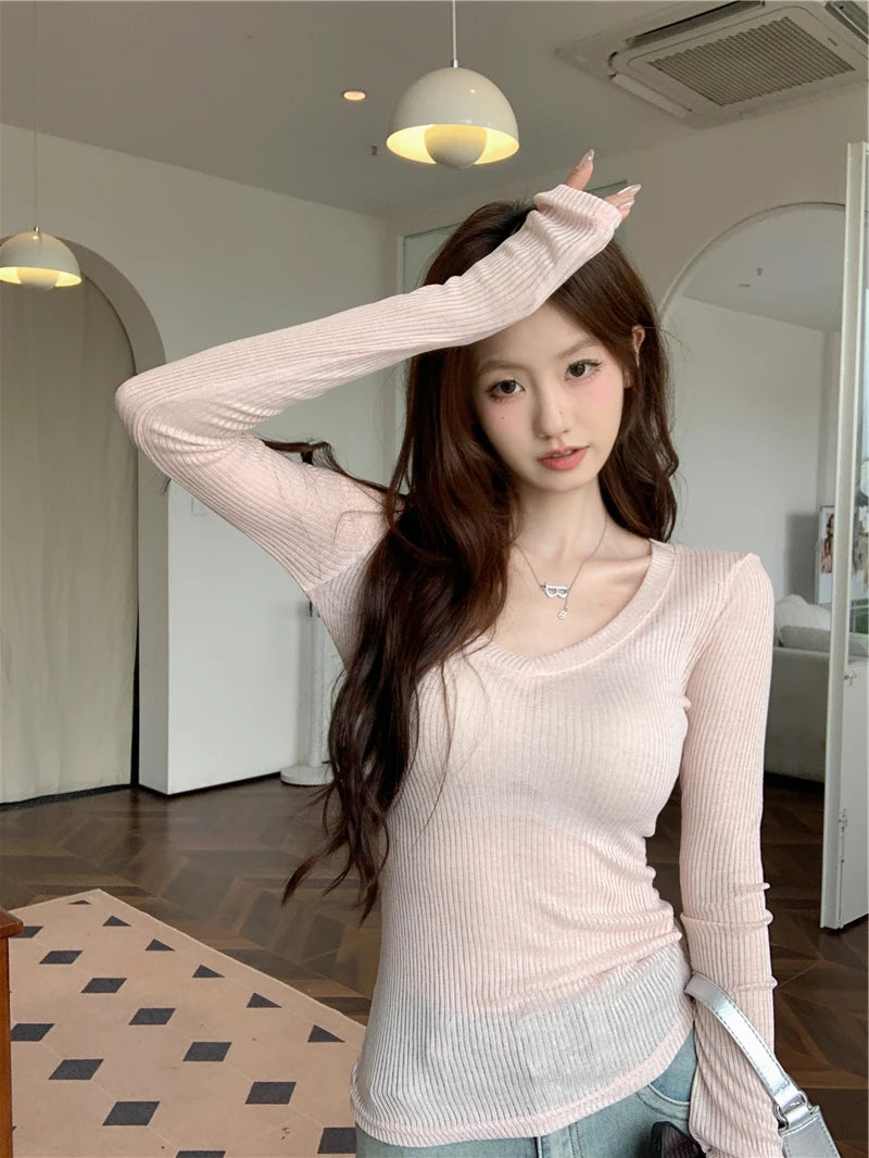 Slim Fit V-Neck Transparent Knitted Top for Women | Autumn 2024 Elegant Long Sleeve Thin Sweater | Classic Commuter Style
