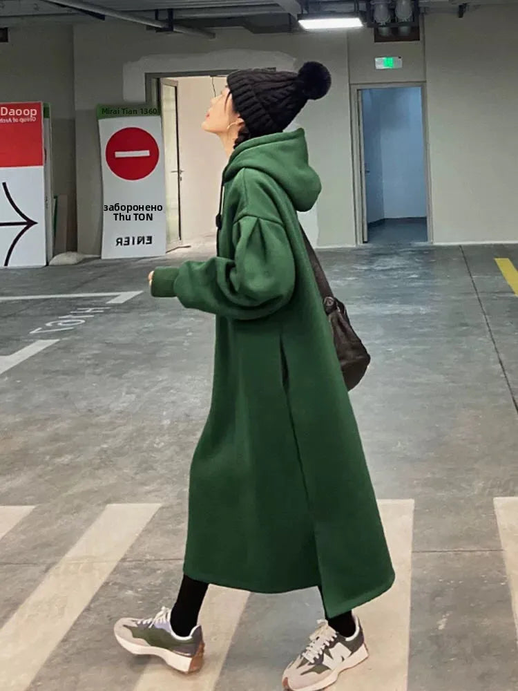 🔥 Plus Size Fleece-Lined Hooded Long Dress for Women 👗❄️ Thick Warm Winter Casual Slimming Korean Style Hoodie Dress ❤️