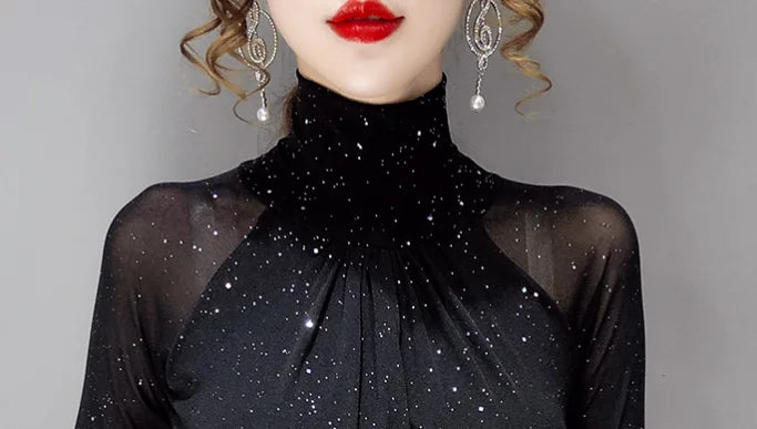 Korean Fashion Women’s Mesh High Neck Top – Sexy Black Silk Casual Bottoming Shirt 🌿✨