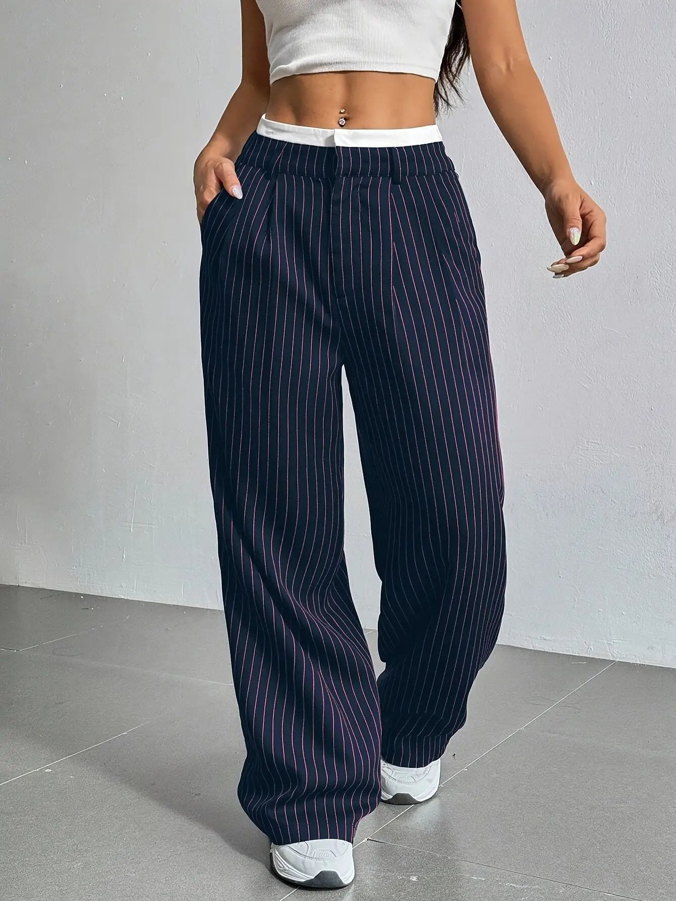 Women’s High Waist Straight Leg Pinstripe Trousers | Office & Casual Striped Dress Pants with Pockets