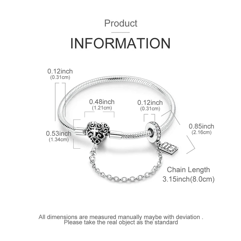 925 Sterling Silver Heart Moon Sun Clasp Charm Bracelet | 17–20CM Original Bracelet for Women | Fits Pandora DIY Beads Jewelry