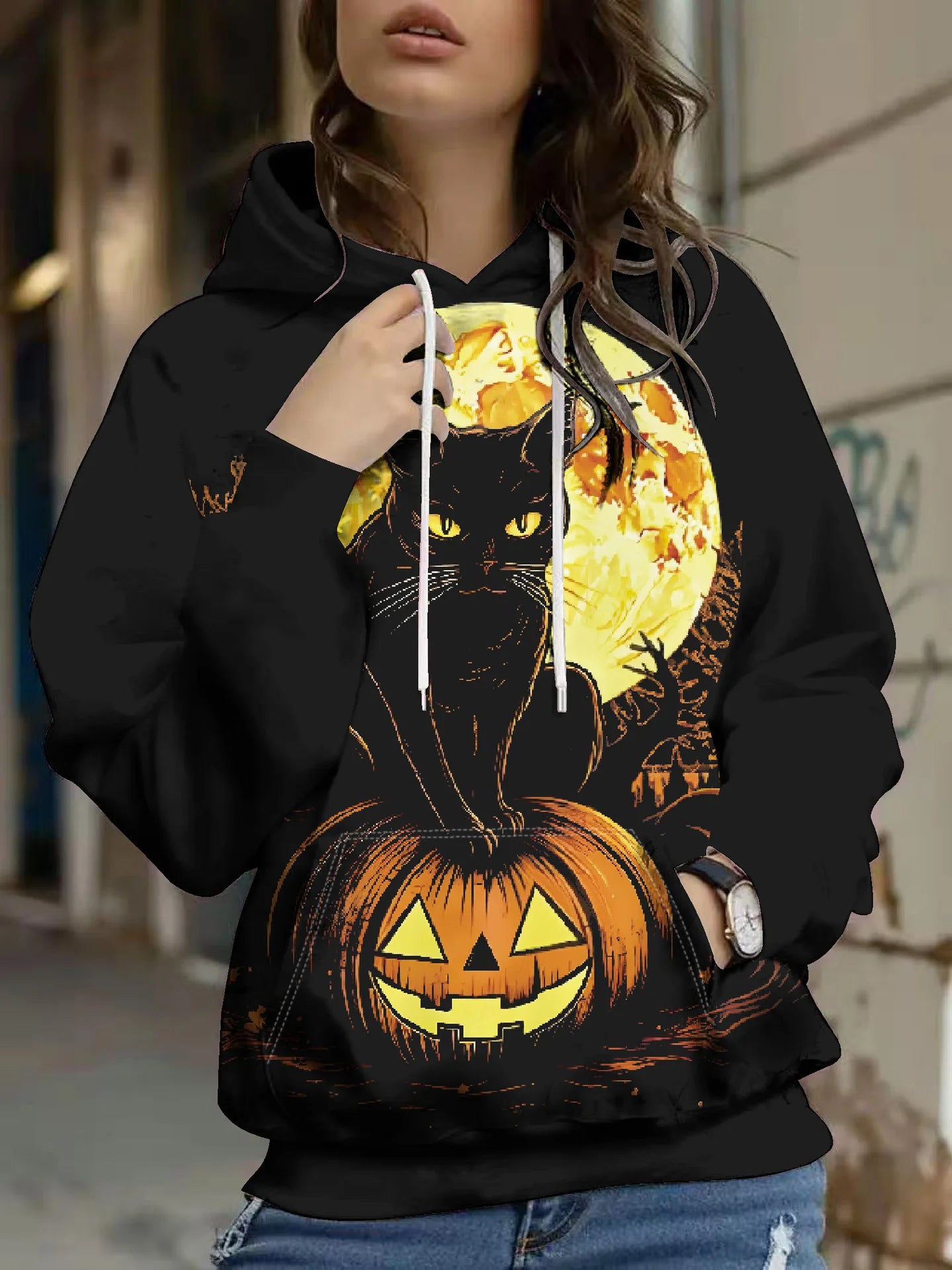 Loose Women’s Sweatshirt Hoodie | Halloween Retro Casual Pullover with Pocket | Long Sleeve Commuter Style