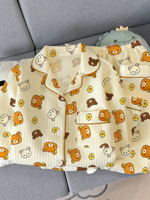 Thickened Air Cotton Women’s Loungewear Set – Lazy Bear Cartoon Long Sleeve Top & Pants 🐻❄️🛋️