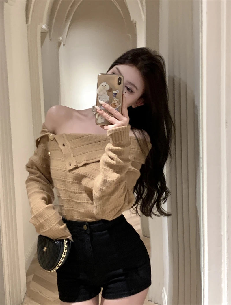Ele Gold Button Knitted Shoulder-Bared Sweater – Slim Fit Crew Neck Long Sleeve Women Top | Spring Autumn