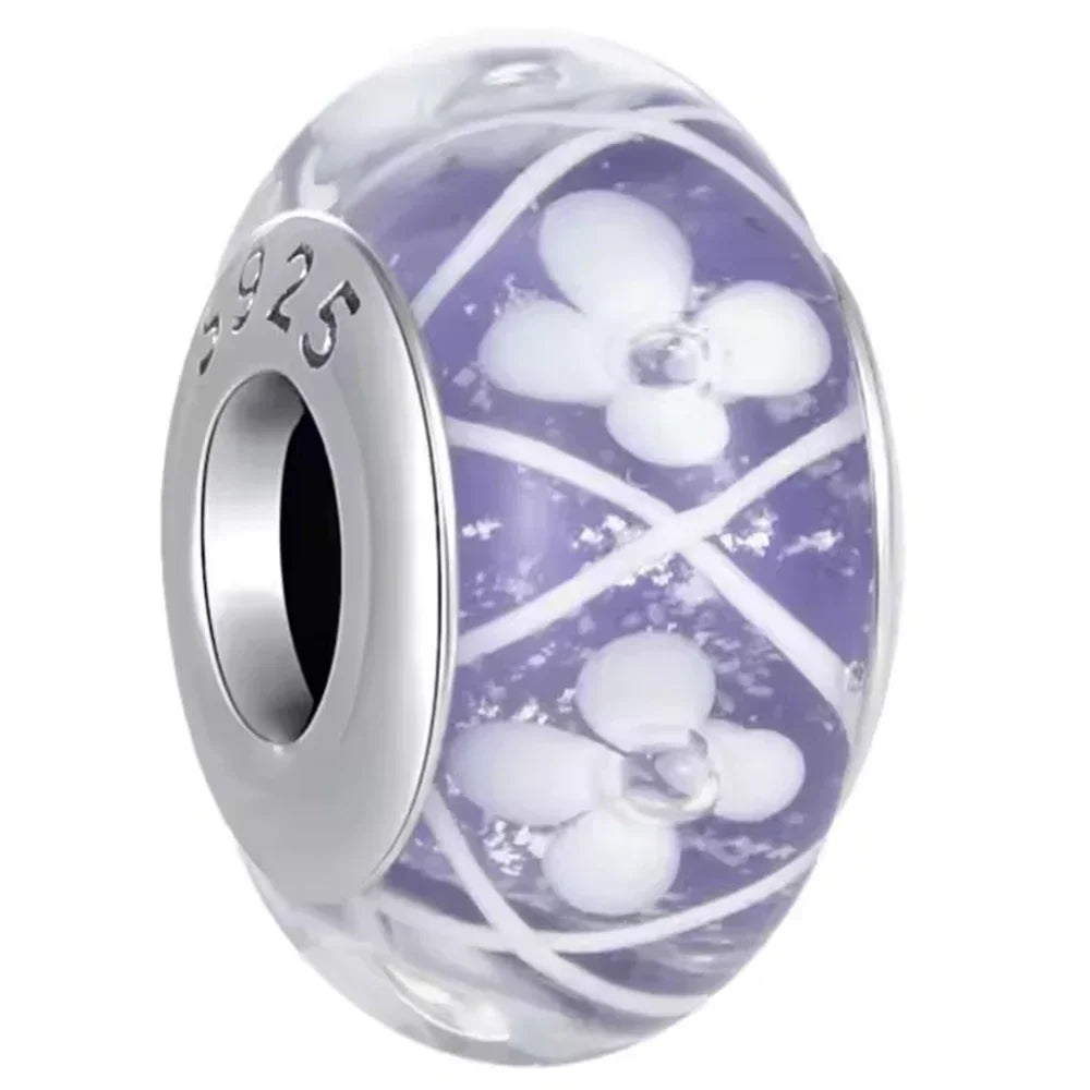 2025 Classic 925 Sterling Silver Colored Flower & Leaf Murano Glass Charm Beads | DIY Bracelet