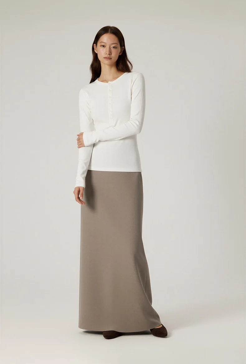 Women’s Casual Henley Neck Long Sleeve T-Shirt – Minimalist Solid Skinny Lenzing Lyocell Top