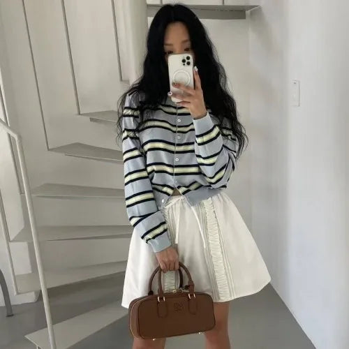 Women's Striped Knitted Cardigan | Chic Spring Button-Up Sweater | Soft Classic Open Front Knitwear